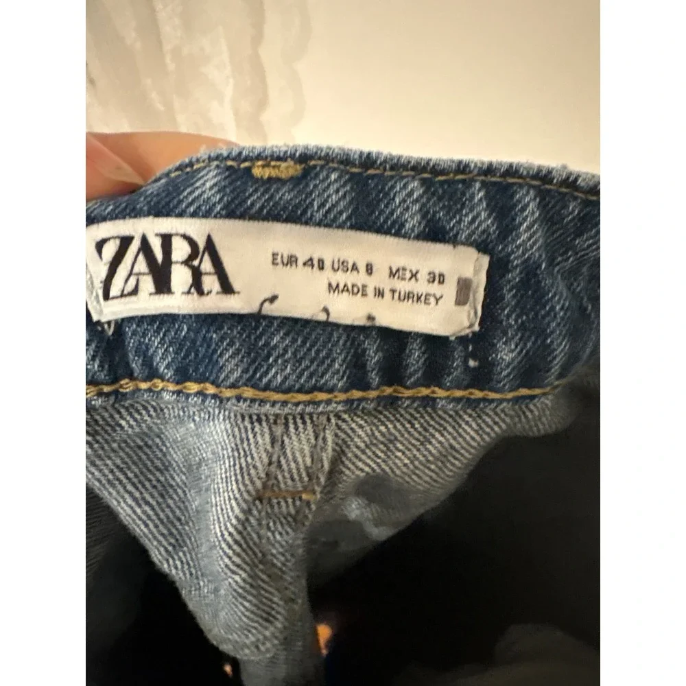 ZARA High Waisted Straight Leg Crop Jeans Blue Denim Frayed Hem Size‎ 8